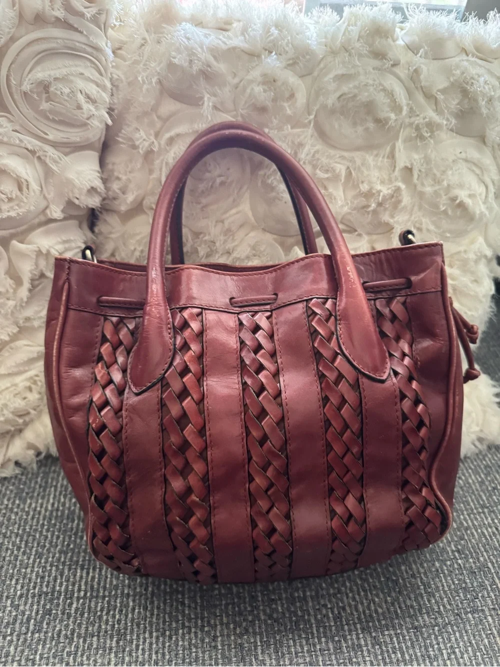 Etienne Aigner Vintage Cognac Brown Woven Leather Satchel Handbag